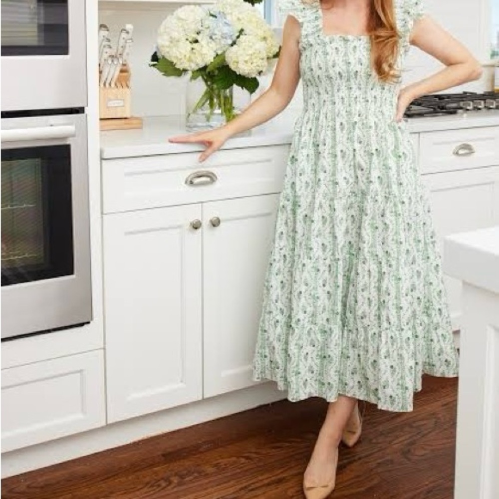 Hill House Home- The Ellie Nap Dress in Green Vine Stripe Cotton Size Small